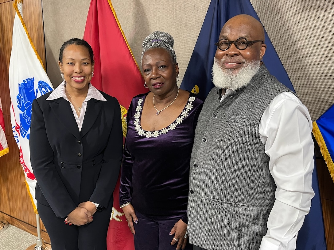 DLA Troop Support Deputy Commander Kishayra Lambert poses with two civilian retirees, Anna White and Tyrone Lyles during a ceremony celebrating their careers, Feb. 27. White retired from the Medical supply chain with 19 years of service and Lyles retired from the Small Business office after serving 40 years with the federal government.
