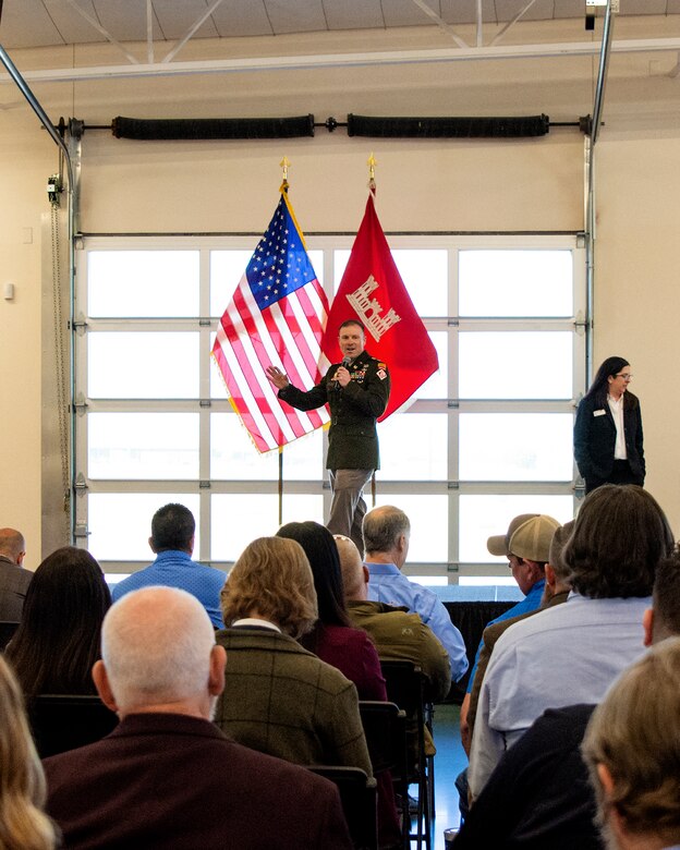 USACE-Albuquerque District Commander Lt. Col. Matthew Miller welcomes participants to the district’s Business Opportunities Open House at the Sid Cutter Pilot’s Pavilion at the Balloon Fiesta Park in Albuquerque, N.M., Feb. 20, 2025.