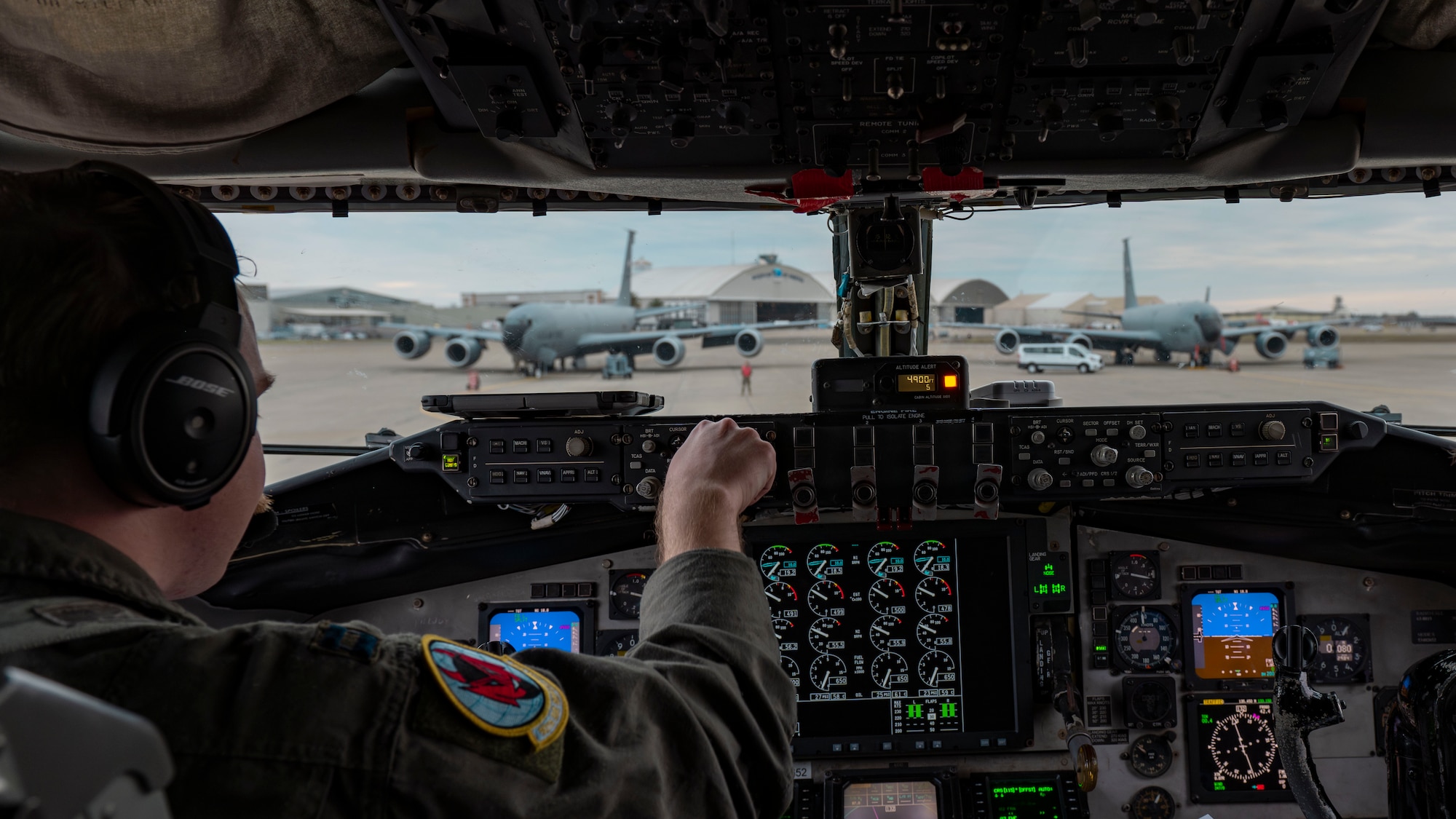 U.S. Air Force Capt. Joe Kloc, 50th Air Refueling Squadron pilot, performs pre-flight checks on a KC-135 Stratotanker assigned to the 6th Air Refueling Wing, prior to an air refueling mission at McClellan Airport in Sacramento California, during exercise Bamboo Eagle 25-1, Feb. 12, 2025. Bamboo Eagle provides the opportunity to test the coordination between air mobility and combat forces, ensuring sustained fighter operations and rapid power projection in contested environments. (U.S. Air Force photo by Airman 1st Class Monique Stober)
