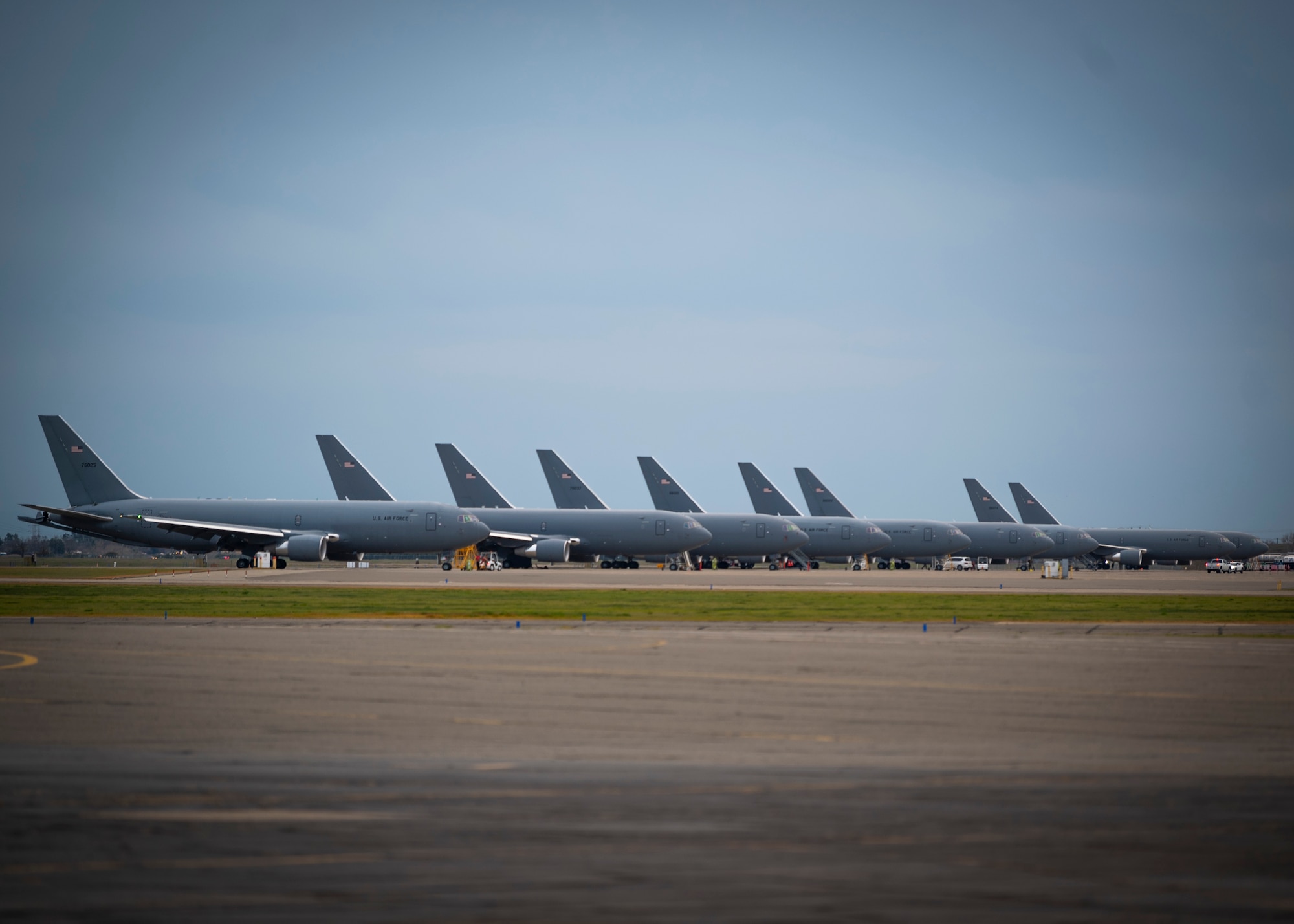 KC-46 Pegasus aircraft assigned to the 305th Air Mobility Squadron, 60th AMW and 22nd Air Refueling Wing participated in Bamboo Eagle 25-1 at Mather Airport in Sacramento, California, Feb. 7-15, 2025. As part of the 305th Air Mobility Wing, the 32nd Expeditionary Air Refueling Squadron provides air refueling support to air mobility missions on a global scale. (U.S. Air Force photo by Staff Sgt. Malissa Lott)