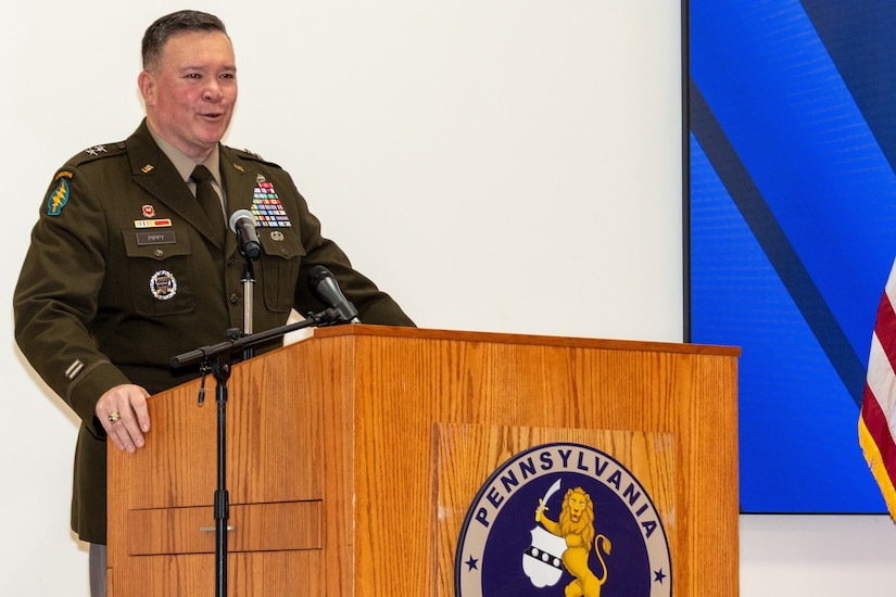 Pennsylvania Adjutant General Maj. Gen. John R. Pippy speaks at a ceremony Feb. 28, 2025, at Fort Indiantown Gap, Pa., during which he was sworn in as Pennsylvania’s 55th adjutant general and promoted to his current rank. (Pennsylvania National Guard photo by Wayne V. Hall)