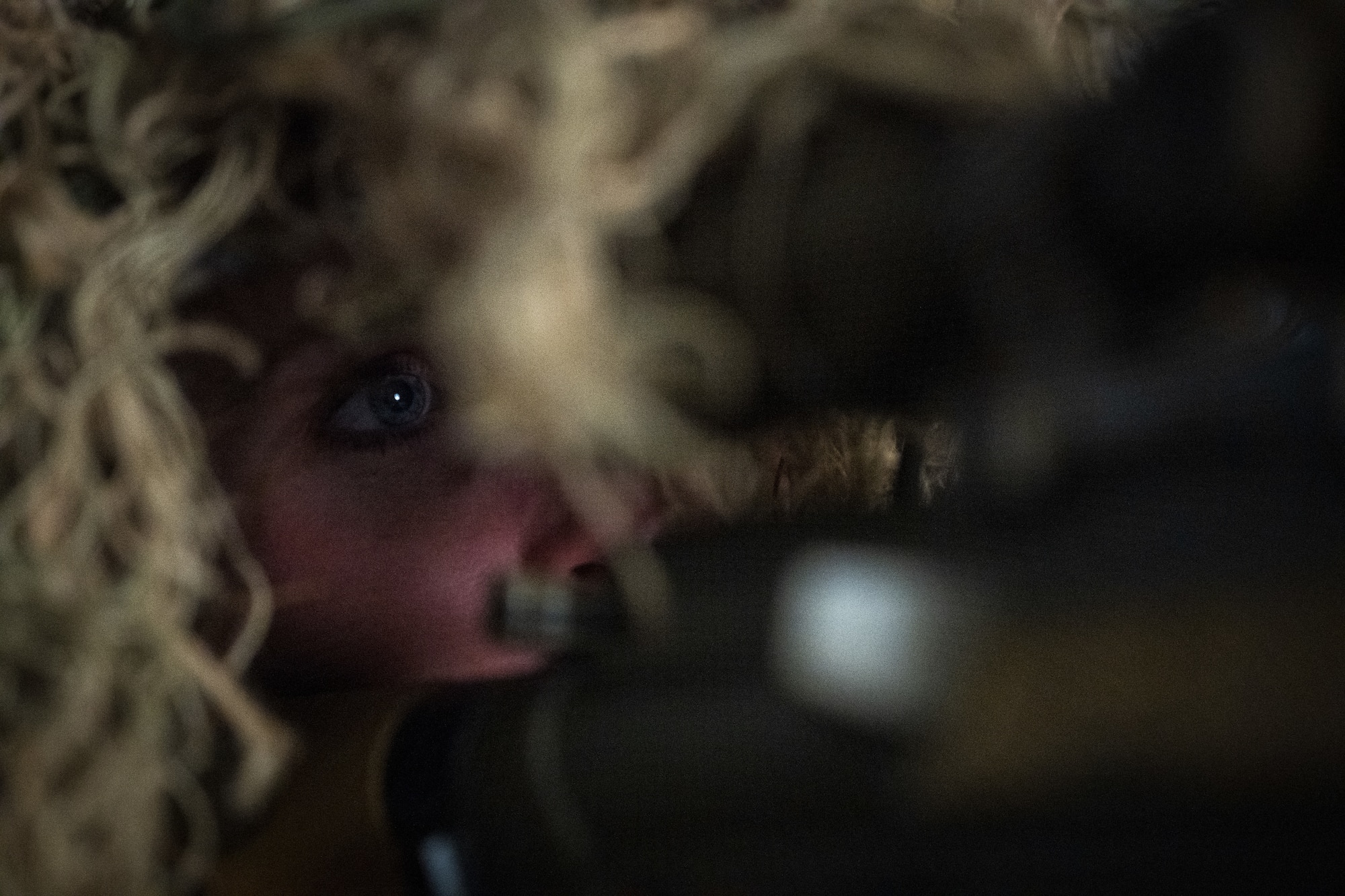 U.S. Air Force Senior Airman Samantha Karnes, 509th Security Forces Squadron defender, aims a M110A1 Squad Designated Marksman Rifle on Whiteman Air Force Base, Missouri, February 21, 2025. During the sniper engagement course, Airmen learn concealment tactics and to build their own ghillie suits. (U.S. Air Force photo by Tech. Sgt. Nicholas Alder)