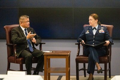 U.S. Air Force Maj. Gen. AnnMarie Anthony and Dr. Ling Yung participate in a fire side chat at the National Defense University at Ft. McNair, Washington D.C., Feb. 26, 2025. (U.S. Army photo by Spc. Joseph Martin)