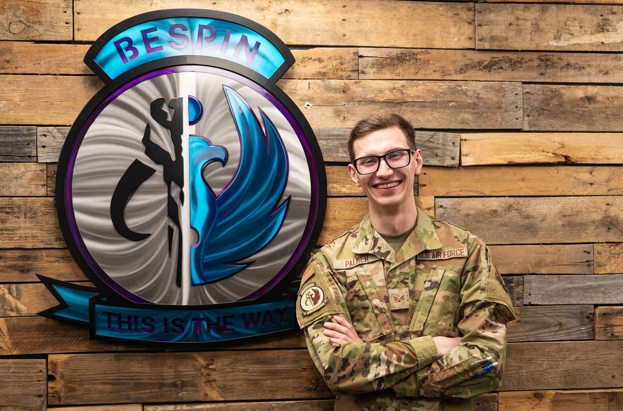 U.S. Air Force Senior Airman Jordan Palmer, Air Force Life Cycle Management Center software developer, pose for a photo at his work center in Montgomery, Alabama, Feb. 27, 2025.