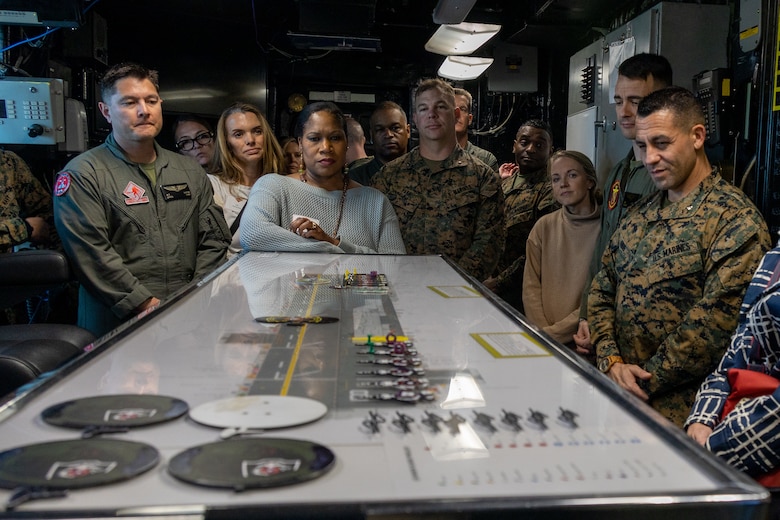 U.S. Marines and their spouses receive an orientation brief during the 3rd Marine Aircraft Wing Commander’s Course tour of the Wasp-class amphibious assault ship USS Makin Island (LHD 8) at Naval Base San Diego, Feb. 26, 2025. The Commander's Course brought together leadership from across 3rd MAW to explore key topics ranging from science and technology, safety and unit culture, fostering readiness for future challenges, and enhancing understanding of the MAW's critical role in supporting I Marine Expeditionary Force objectives and the joint force. (U.S. Marine Corps photo by Lance Cpl. Jennifer Sanchez)