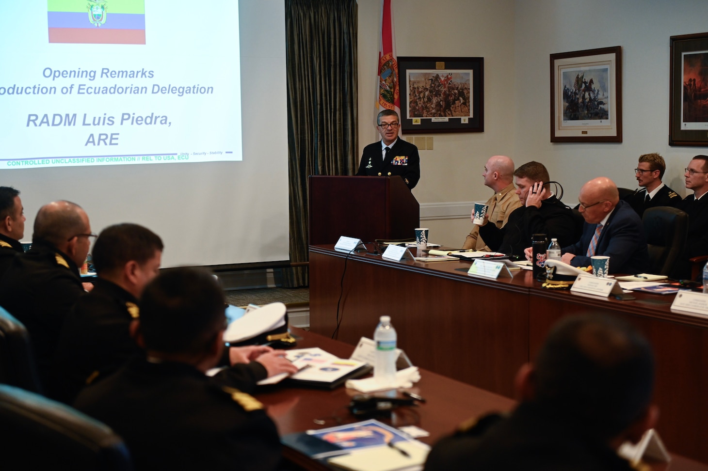 Ecuadorian Rear Adm. Luis Eduardo Piedra, General Inspector of the Ecuadorian Navy, gives opening remarks during the U.S.-Ecuador Maritime Staff Talks at the historic St. Francis Barracks, now headquarters building of the Florida National Guard, in St. Augustine, Fla., February 27, 2025. Maritime Staff Talks (MST) serve as an annual comprehensive engagement venue to program, direct, and coordinate all maritime activities between the U.S. and Partner Nations. The overarching MST objective is to increase coordination and integration across the U.S. maritime services and Partner Nations to plan and conduct theater-level security cooperation in order to provide combatant commanders more effective and efficient maritime force packages. U.S. Naval Forces Southern Command/U.S. 4th Fleet is the trusted maritime partner for Caribbean, Central and South America maritime forces leading to improved unity, security and stability. (U.S. Navy photo by Mass Communication Specialist First Class Steven Khor/Released)