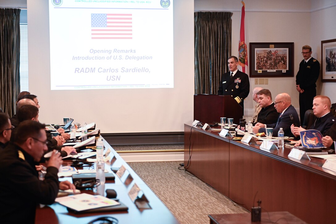 Rear Adm. Carlos Sardiello, Commander, U.S. Naval Forces Southern Command/U.S. 4th Fleet gives opening remarks during the U.S.-Ecuador Maritime Staff Talks at the historic St. Francis Barracks, now headquarters building of the Florida National Guard, in St. Augustine, Fla., February 27, 2025. Maritime Staff Talks (MST) serve as an annual comprehensive engagement venue to program, direct, and coordinate all maritime activities between the U.S. and Partner Nations. The overarching MST objective is to increase coordination and integration across the U.S. maritime services and Partner Nations to plan and conduct theater-level security cooperation in order to provide combatant commanders more effective and efficient maritime force packages. U.S. Naval Forces Southern Command/U.S. 4th Fleet is the trusted maritime partner for Caribbean, Central and South America maritime forces leading to improved unity, security and stability. (U.S. Navy photo by Mass Communication Specialist First Class Steven Khor/Released)
