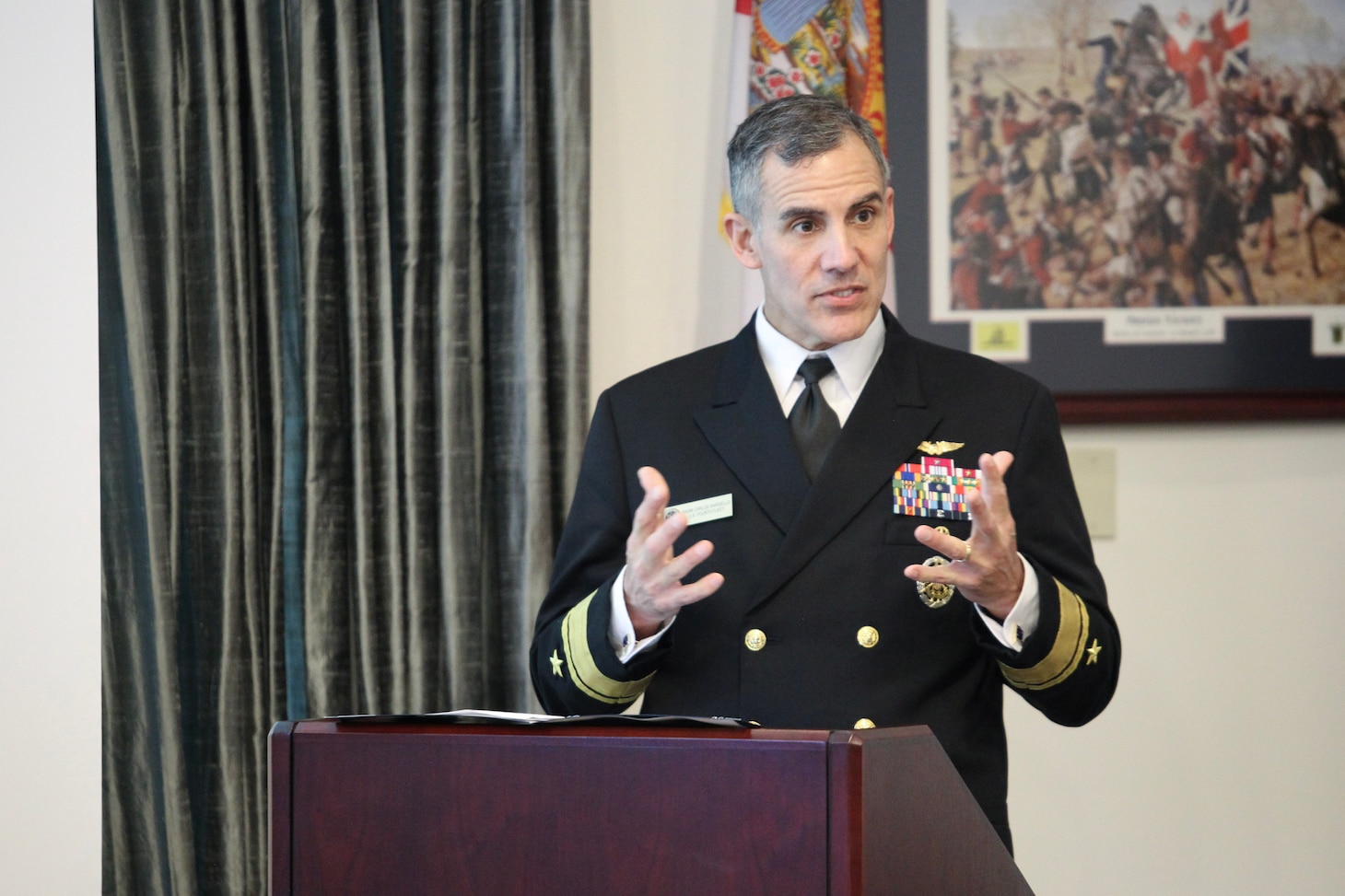 Rear Adm. Carlos Sardiello, Commander, U.S. Naval Forces Southern Command/U.S. 4th Fleet gives opening remarks during the U.S.-Ecuador Maritime Staff Talks at the historic St. Francis Barracks, now headquarters building of the Florida National Guard, in St. Augustine, Fla., February 27, 2025. Maritime Staff Talks (MST) serve as an annual comprehensive engagement venue to program, direct, and coordinate all maritime activities between the U.S. and Partner Nations. The overarching MST objective is to increase coordination and integration across the U.S. maritime services and Partner Nations to plan and conduct theater-level security cooperation in order to provide combatant commanders more effective and efficient maritime force packages. U.S. Naval Forces Southern Command/U.S. 4th Fleet is the trusted maritime partner for Caribbean, Central and South America maritime forces leading to improved unity, security and stability. (U.S. Navy photo by Mass Communication Specialist First Class Steven Khor/Released)