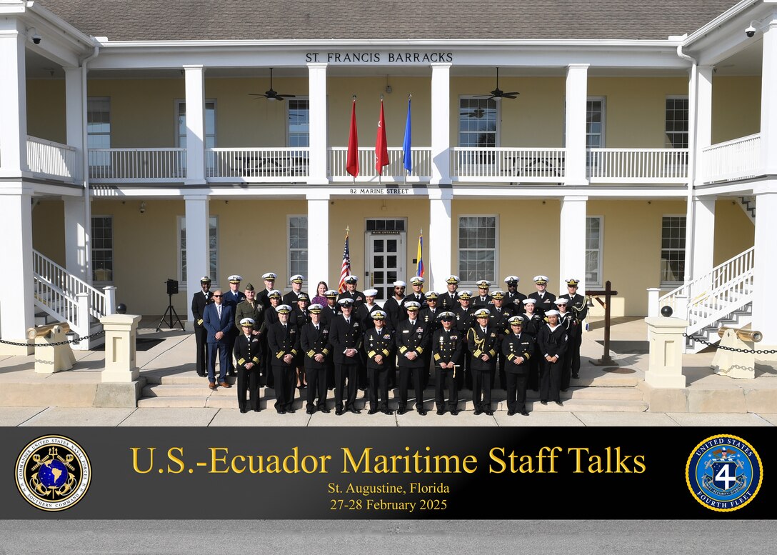 Delegates from the U.S.-Ecuador Maritime Staff Talks pose for a group photo at the historic St. Francis Barracks, now headquarters building of the Florida National Guard, in St. Augustine, Fla., February 27, 2025. Maritime Staff Talks (MST) serve as an annual comprehensive engagement venue to program, direct, and coordinate all maritime activities between the U.S. and Partner Nations. The overarching MST objective is to increase coordination and integration across the U.S. maritime services and Partner Nations to plan and conduct theater-level security cooperation in order to provide combatant commanders more effective and efficient maritime force packages. U.S. Naval Forces Southern Command/U.S. 4th Fleet is the trusted maritime partner for Caribbean, Central and South America maritime forces leading to improved unity, security and stability. (U.S. Navy photo by Mass Communication Specialist First Class Steven Khor/Released)