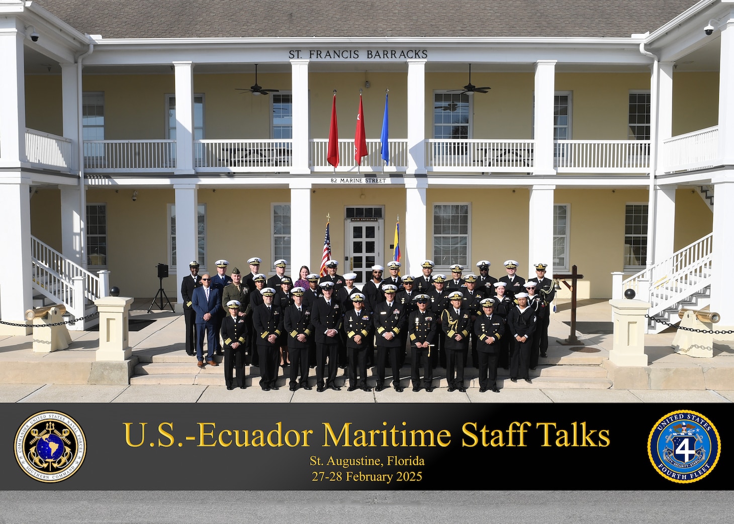 Delegates from the U.S.-Ecuador Maritime Staff Talks pose for a group photo at the historic St. Francis Barracks, now headquarters building of the Florida National Guard, in St. Augustine, Fla., February 27, 2025. Maritime Staff Talks (MST) serve as an annual comprehensive engagement venue to program, direct, and coordinate all maritime activities between the U.S. and Partner Nations. The overarching MST objective is to increase coordination and integration across the U.S. maritime services and Partner Nations to plan and conduct theater-level security cooperation in order to provide combatant commanders more effective and efficient maritime force packages. U.S. Naval Forces Southern Command/U.S. 4th Fleet is the trusted maritime partner for Caribbean, Central and South America maritime forces leading to improved unity, security and stability. (U.S. Navy photo by Mass Communication Specialist First Class Steven Khor/Released)