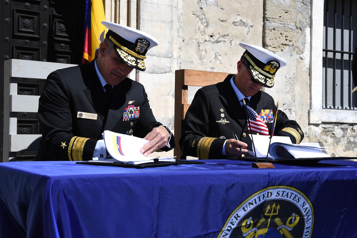 Rear Adm. Carlos Sardiello, Commander, U.S. Naval Forces Southern Command/U.S. 4th Fleet, left, and Ecuadorian Rear Adm. Luis Eduardo Piedra, General Inspector of the Ecuadorian Navy, right, sign the minutes of the U.S.-Ecuador Maritime Staff Talk at Castillo de San Marcos National Monument in St. Augustine, Fla., February 28, 2025. Maritime Staff Talks (MST) serve as an annual comprehensive engagement venue to program, direct, and coordinate all maritime activities between the U.S. and Partner Nations. The overarching MST objective is to increase coordination and integration across the U.S. maritime services and Partner Nations to plan and conduct theater-level security cooperation in order to provide combatant commanders more effective and efficient maritime force packages. U.S. Naval Forces Southern Command/U.S. 4th Fleet is the trusted maritime partner for Caribbean, Central and South America maritime forces leading to improved unity, security and stability. (U.S. Navy photo by Mass Communication Specialist First Class Steven Khor/Released)