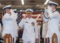 Capt. Jason Geddes, commander, Unmanned Undersea Vehicle Squadron (UUVRON) 1, is piped through sideboys after a change of command ceremony at Naval Base Kitsap-Keyport, Washington Sept. 25, 2023. During the ceremony, Capt. Jason Geddes, from Indianapolis, relieved Capt. Jason Weed as commander, Unmanned Undersea Vehicle Squadron (UUVRON) 1. (U.S. Navy photo by Mass Communication Specialist 2nd Class Victoria Galbraith)