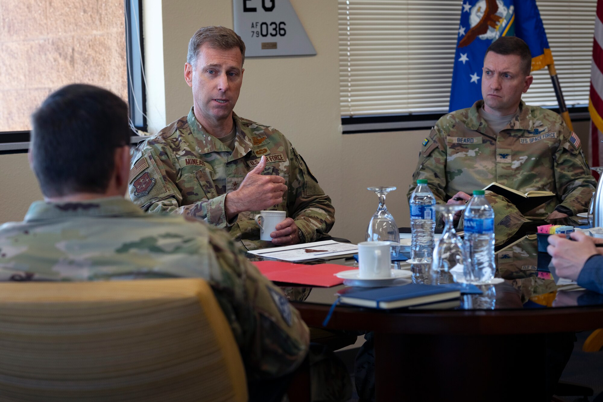 Maj. Gen. David Mineau, Air Forces Southern commander, holds an office call with the Chief of Space Operations, Gen. Chance Saltzman and his team at Davis-Monthan Air Force Base, Arizona, Feb. 27, 2025. AFSOUTH serves as the air component to U.S. Southern Command, providing air, space and cyberspace capabilities throughout Latin America and the Caribbean. (U.S. Air Force photo by Tech. Sgt. Rachel Maxwell)