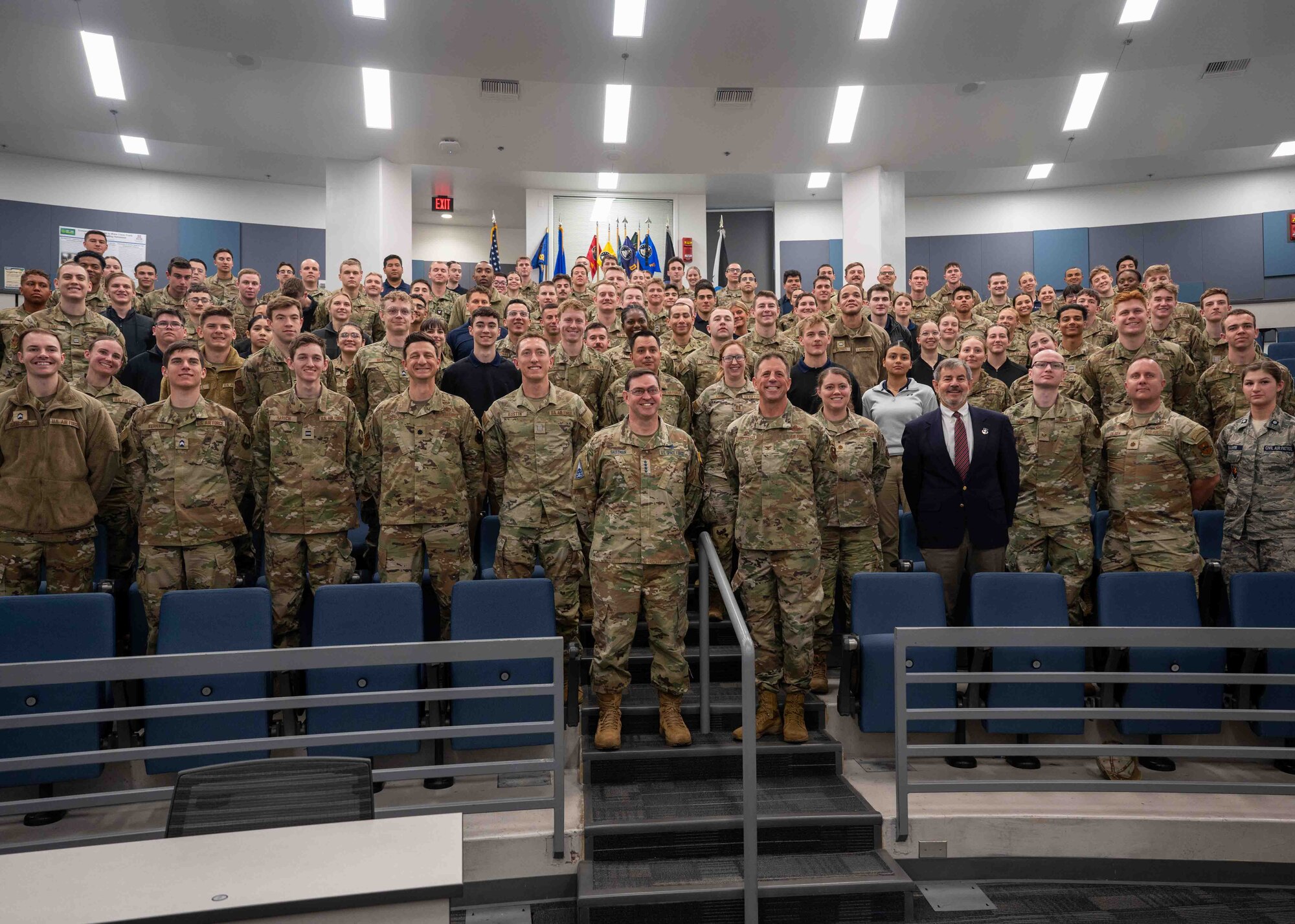Chief of Space Operations Gen. Chance Saltzman takes a group photo with University of Arizona Reserve Officer Training Corps cadets in Tucson, Arizona, Feb. 27, 2025. Saltzman gave a presentation on leadership and his role in the United States Space Force to the cadets prior to the group photo. (U.S. Air Force photo by Senior Airman William Finn V)