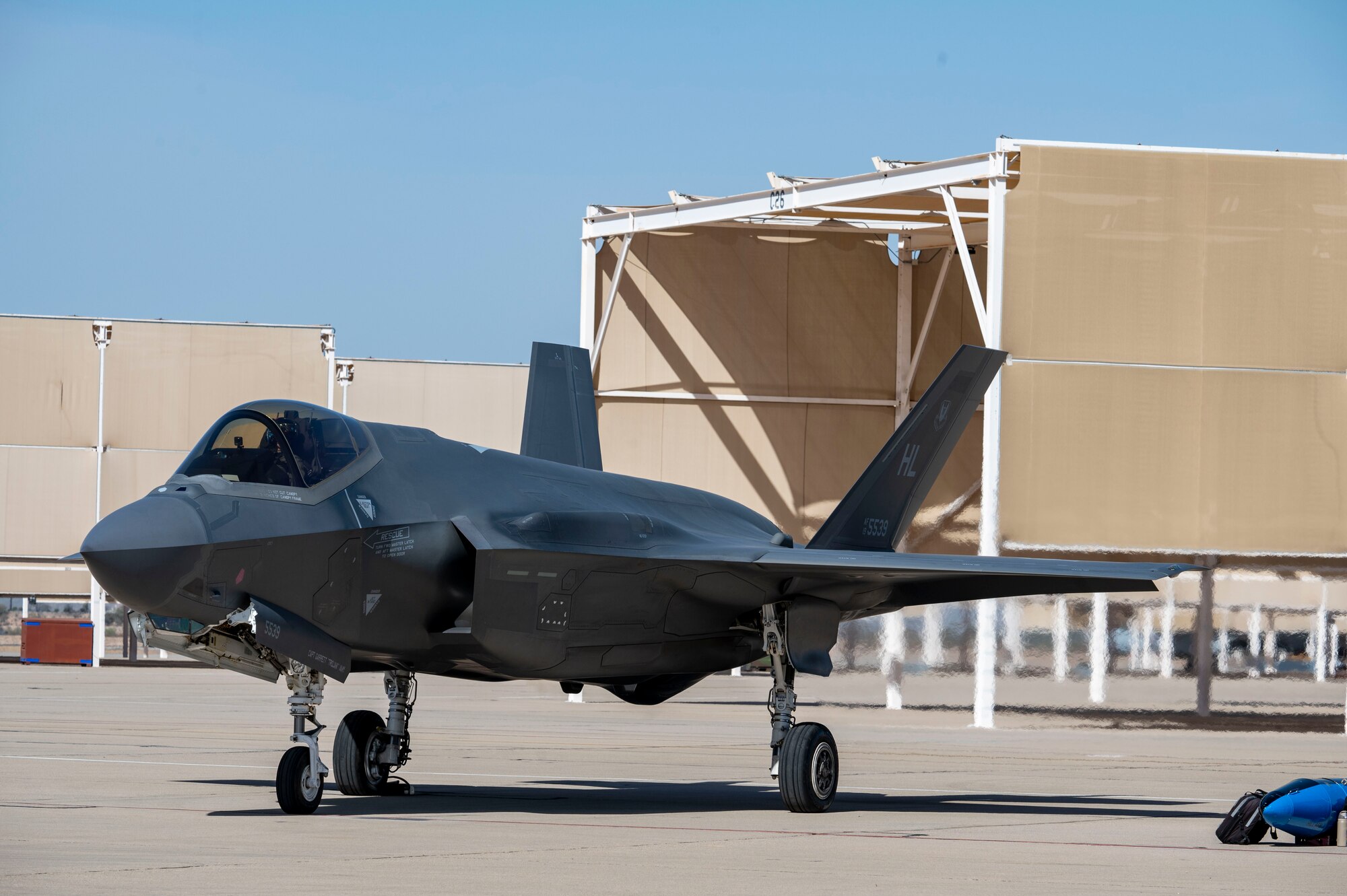 A U.S. Air Force F-35A Lightning II aircraft taxis before takeoff at Davis-Monthan Air Force Base, Arizona, Feb. 28, 2025. As the Air Force’s newest fifth-generation fighter, the F-35 Lightning II aircraft is a multi-role, all-weather air-to-air and surface attack fighter. (U.S. Air Force photo by Airman Samantha Melecio)