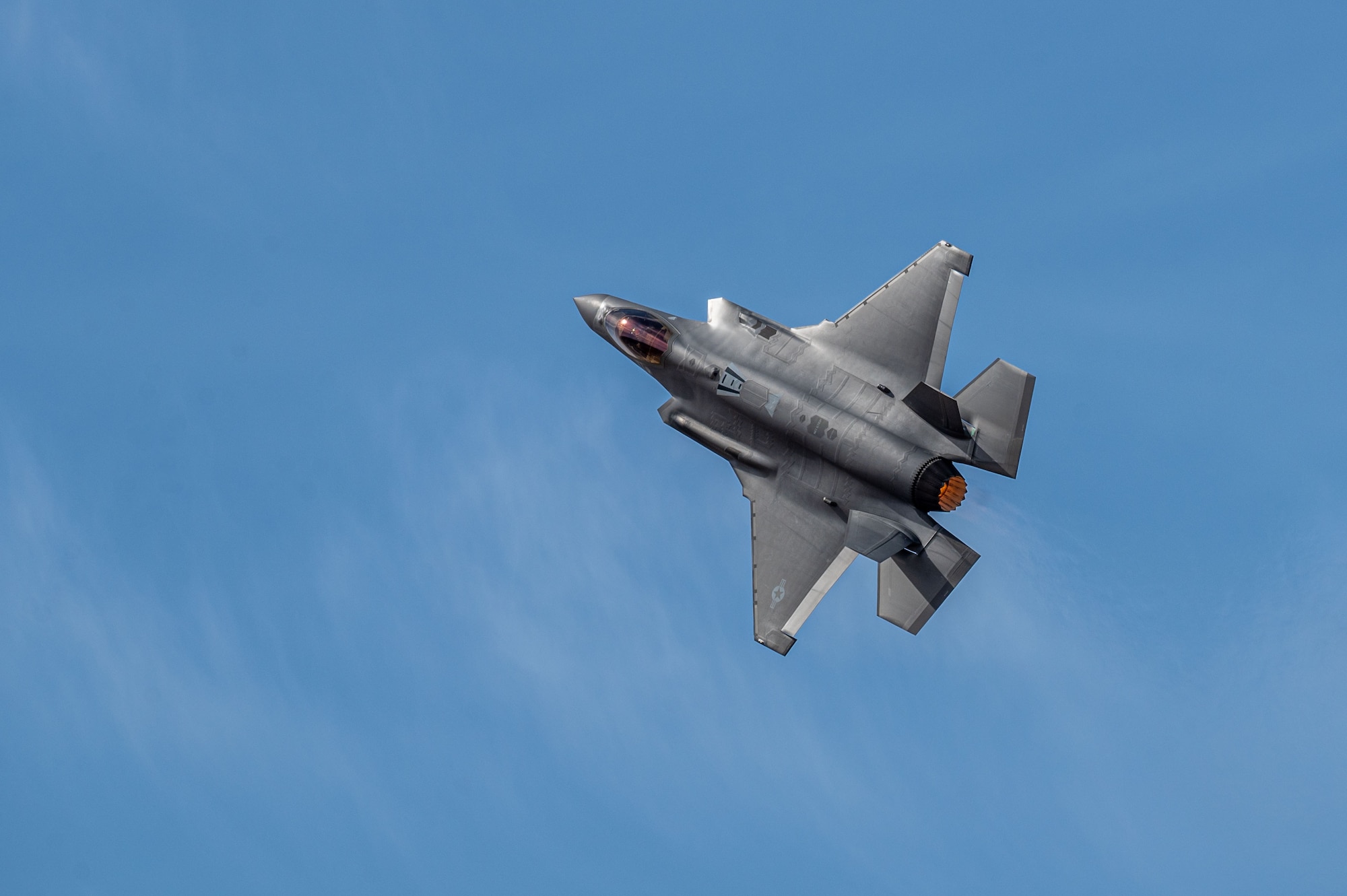 A U.S. Air Force F-35A Lightning II aircraft flies during the Heritage Flight Training Course at Davis-Monthan Air Force Base, Arizona, Feb. 28, 2025. The F-35 is designed to provide the pilot with unsurpassed situational awareness, positive target identification and precision strike in all weather conditions. (U.S. Air Force photo by Senior Airman Jasmyne Bridgers-Matos)