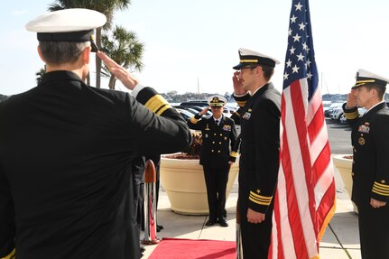 Rear Adm. Carlos Sardiello, Commander, U.S. Naval Forces Southern Command/U.S. 4th Fleet, left, renders a salute during honors, welcoming Ecuadorian Rear Adm. Luis Eduardo Piedra, General Inspector of the Ecuadorian Navy, center, as the official beginning of the U.S.-Ecuador Maritime Staff Talks at the historic St. Francis Barracks, now headquarters building of the Florida National Guard, in St. Augustine, Fla., February 27, 2025. Maritime Staff Talks (MST) serve as an annual comprehensive engagement venue to program, direct, and coordinate all maritime activities between the U.S. and Partner Nations. The overarching MST objective is to increase coordination and integration across the U.S. maritime services and Partner Nations to plan and conduct theater-level security cooperation in order to provide combatant commanders more effective and efficient maritime force packages. U.S. Naval Forces Southern Command/U.S. 4th Fleet is the trusted maritime partner for Caribbean, Central and South America maritime forces leading to improved unity, security and stability. (U.S. Navy photo by Mass Communication Specialist First Class Steven Khor/Released)