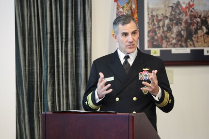 Rear Adm. Carlos Sardiello, Commander, U.S. Naval Forces Southern Command/U.S. 4th Fleet gives opening remarks during the U.S.-Ecuador Maritime Staff Talks at the historic St. Francis Barracks, now headquarters building of the Florida National Guard, in St. Augustine, Fla., February 27, 2025. Maritime Staff Talks (MST) serve as an annual comprehensive engagement venue to program, direct, and coordinate all maritime activities between the U.S. and Partner Nations. The overarching MST objective is to increase coordination and integration across the U.S. maritime services and Partner Nations to plan and conduct theater-level security cooperation in order to provide combatant commanders more effective and efficient maritime force packages. U.S. Naval Forces Southern Command/U.S. 4th Fleet is the trusted maritime partner for Caribbean, Central and South America maritime forces leading to improved unity, security and stability. (U.S. Navy photo by Mass Communication Specialist First Class Steven Khor/Released)