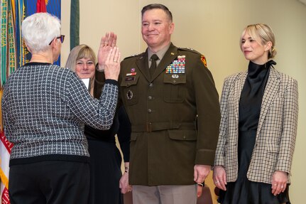 Maj. Gen. (Retired) Jessica L. Wright, left, former U.S. Department of Defense undersecretary of defense for personnel and readiness and the 50th adjutant general of Pennsylvania, promotes Maj. Gen. John Pippy to his current rank during a ceremony Feb. 28, 2025, at Fort Indiantown Gap, Pa. During the ceremony, Pennsylvania Gov. Josh Shapiro swore in Pippy as Pennsylvania’s 55th adjutant general. (Pennsylvania National Guard photo by Wayne V. Hall)