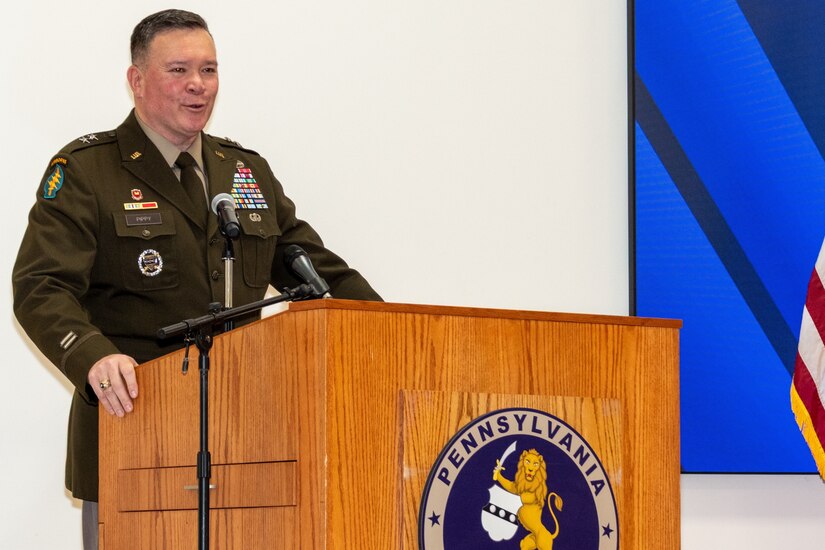 Pennsylvania Adjutant General Maj. Gen. John R. Pippy speaks at a ceremony Feb. 28, 2025, at Fort Indiantown Gap, Pa., during which he was sworn in as Pennsylvania’s 55th adjutant general and promoted to his current rank. (Pennsylvania National Guard photo by Wayne V. Hall)