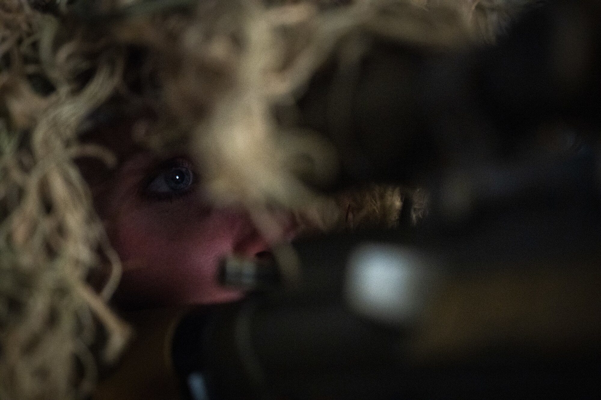 U.S. Air Force Senior Airman Samantha Karnes, 509th Security Forces Squadron defender, aims a M110A1 Squad Designated Marksman Rifle on Whiteman Air Force Base, Missouri, February 21, 2025. During the sniper engagement course, Airmen learn concealment tactics and to build their own ghillie suits. (U.S. Air Force photo by Tech. Sgt. Nicholas Alder)