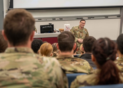 Chief of Space Operations Gen. Chance Saltzman speaks with University of Arizona Reserve Officer Training Corps cadets in Tucson, Arizona, Feb. 27, 2025. During his presentation, Saltzman spoke on his experiences during his career and his leadership mentality before taking questions. (U.S. Air Force photo by Senior Airman William Finn V)