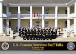 Delegates from the U.S.-Ecuador Maritime Staff Talks pose for a group photo at the historic St. Francis Barracks, now headquarters building of the Florida National Guard, in St. Augustine, Fla., February 27, 2025. Maritime Staff Talks (MST) serve as an annual comprehensive engagement venue to program, direct, and coordinate all maritime activities between the U.S. and Partner Nations. The overarching MST objective is to increase coordination and integration across the U.S. maritime services and Partner Nations to plan and conduct theater-level security cooperation in order to provide combatant commanders more effective and efficient maritime force packages. U.S. Naval Forces Southern Command/U.S. 4th Fleet is the trusted maritime partner for Caribbean, Central and South America maritime forces leading to improved unity, security and stability. (U.S. Navy photo by Mass Communication Specialist First Class Steven Khor/Released)