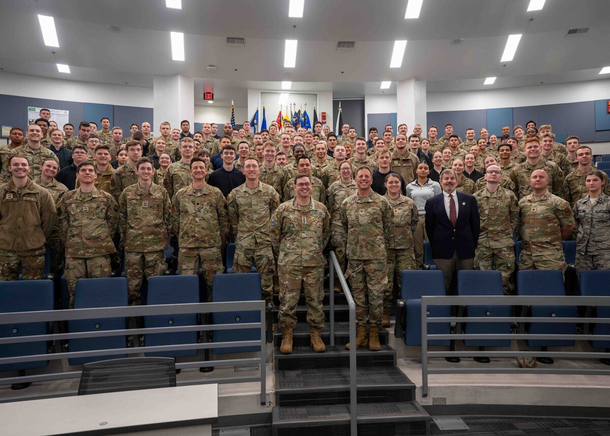 Chief of Space Operations Gen. Chance Saltzman takes a group photo with University of Arizona Reserve Officer Training Corps cadets in Tucson, Arizona, Feb. 27, 2025. Saltzman gave a presentation on leadership and his role in the United States Space Force to the cadets prior to the group photo. (U.S. Air Force photo by Senior Airman William Finn V)