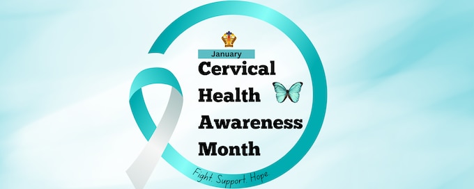 Teal background with a teal ribbon and text "Cervical Health Awareness Month."