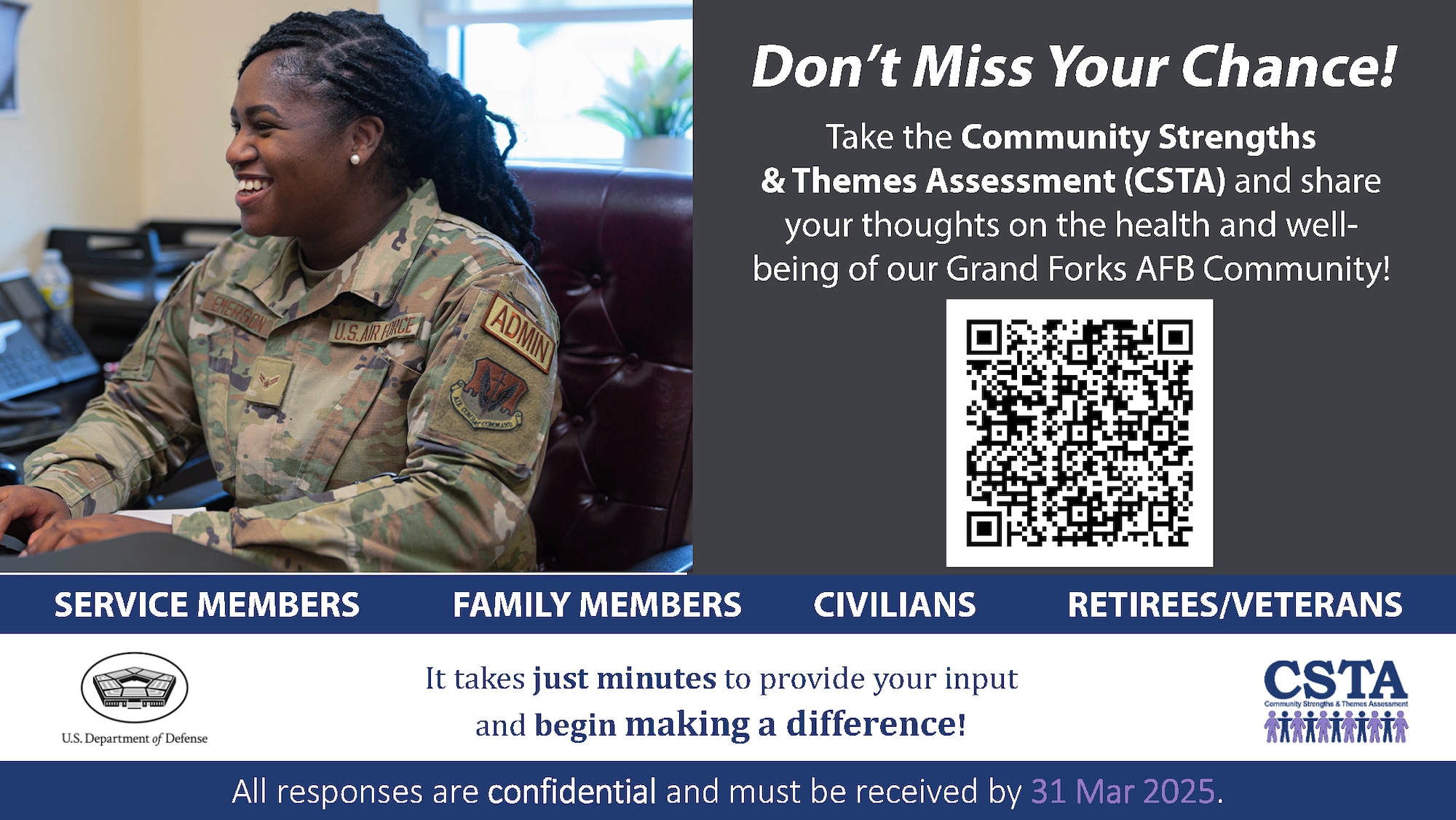 Flyer with military member sitting at computer and QR code