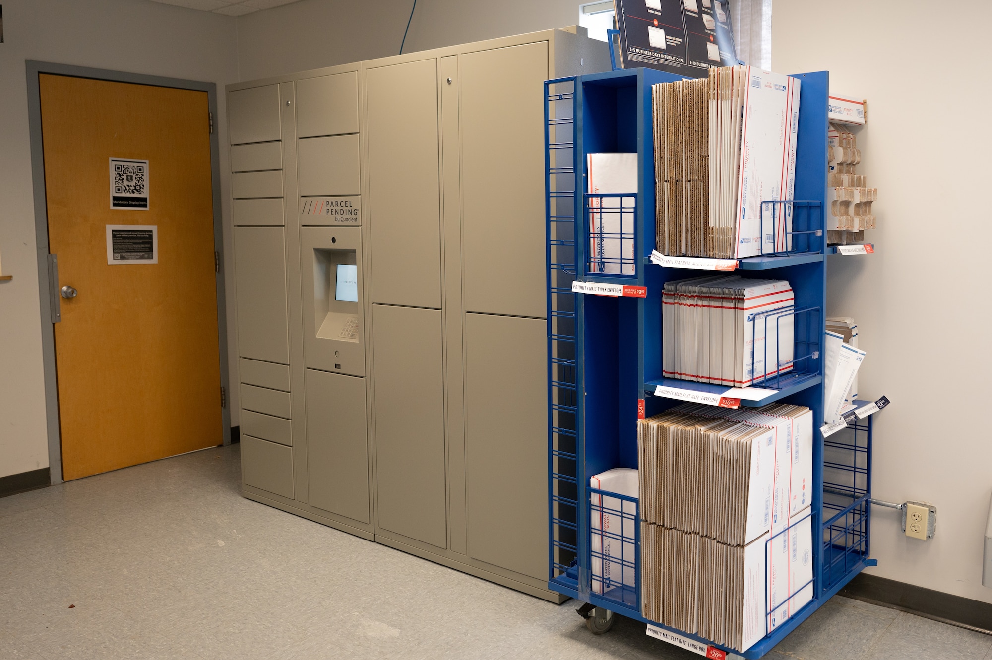 A cluster of parcel lockers located at the post office at Grand Forks Air Force Base, N.D., Dec. 19, 2024.