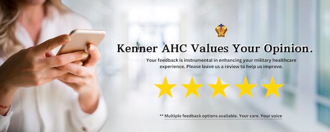 A woman's hands holding a cellphone and a 5 star rating. The text says "Kenner AHC Values Your Opinion."