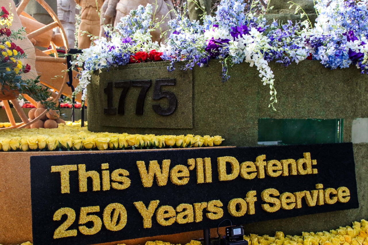 A close up of the Army's "This We'll Defend: 250 Years of Service" float.