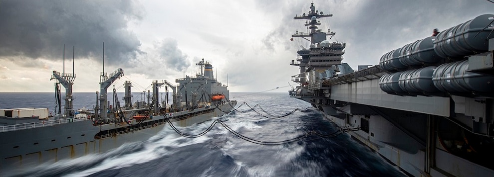 The Nimitz-class aircraft carrier USS Carl Vinson (CVN 70) conducts a fueling-at-sea with the Henry J. Kaiser-class fleet replenishment oiler USNS Henry J. Kaiser (T-AO 187), Dec. 14, 2024.