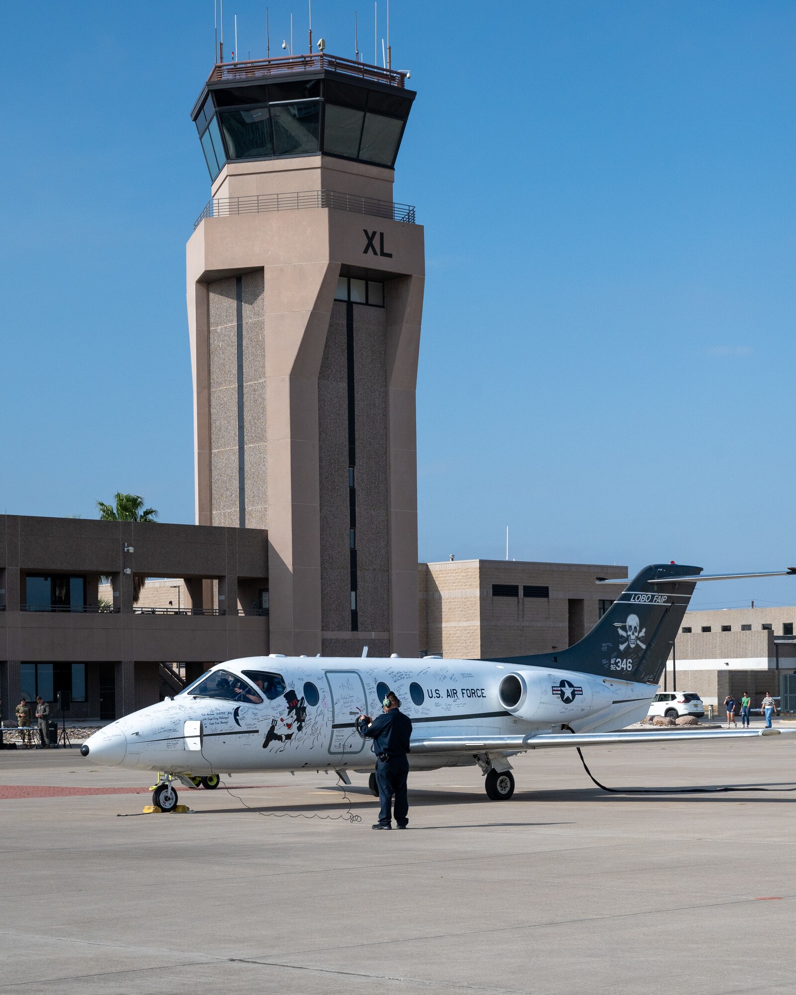 The last T-1A Jayhawk before taxing at Laughlin Air Force Base Dec. 17, 2024. The final Jayhawk to leave Laughlin was tail number 346, the First Assignment Instructor Pilot heritage tail. (U.S. Air Force photo by Staff Sgt. Nicholas Larsen)
