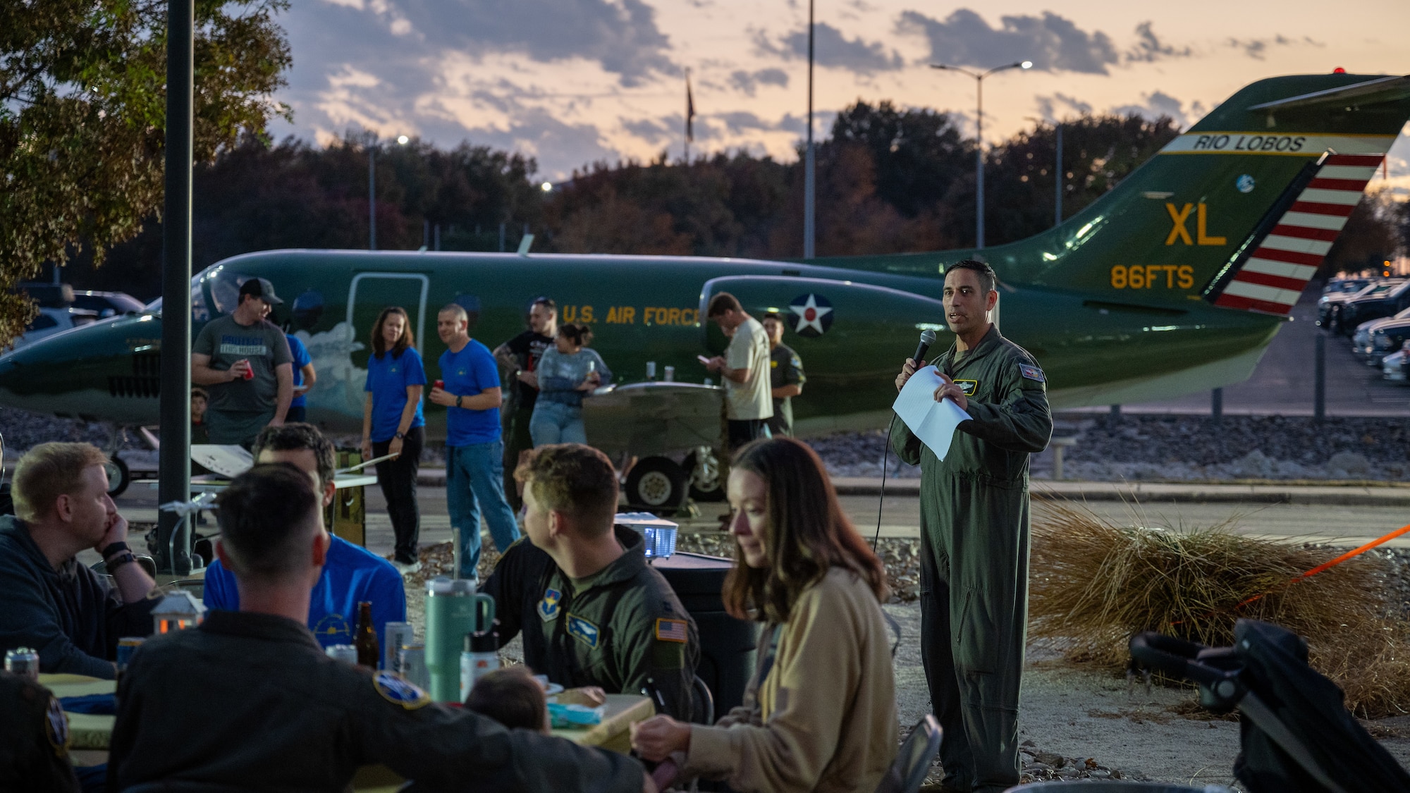 U.S. Air Force retired Col. James Muniz, 86th Flying Training Squadron (FTS) instructor pilot, speaks to Airmen at Laughlin Air Force Base, Texas, Dec. 16, 2024. During his speech, Muniz spoke about the legacy and history of the 86th FTS and the history of the T-1A Jayhawk. (U.S. Air Force photo by Staff Sgt. Nicholas Larsen)
