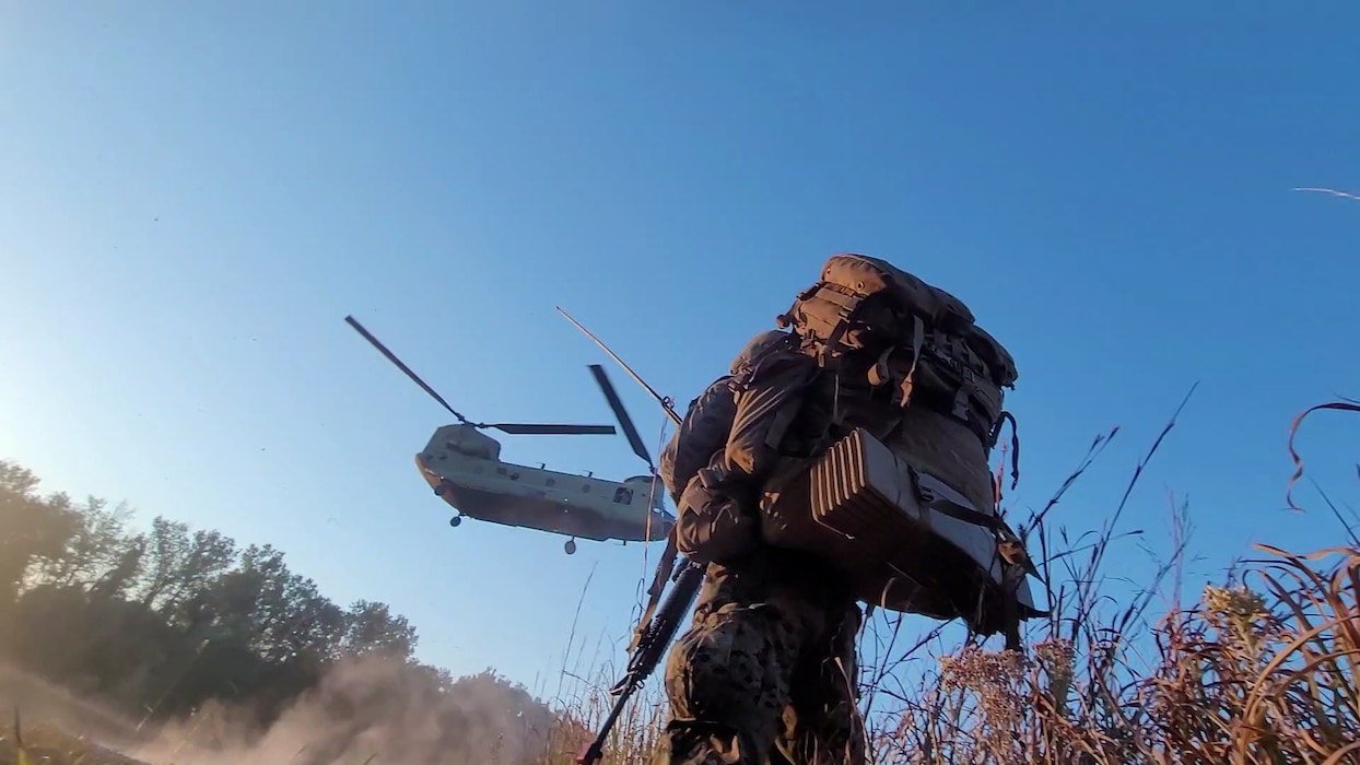 A U.S. Marine with Combat Logistics Regiment 4, 4th Marine Logistics Group, Marine Forces Reserve, moves to an extraction zone after conducting a patrol exercise at Camp Clark, Missouri, Oct. 20, 2024. (United States Marine Corps Photo by Capt. Travis Korhorn)