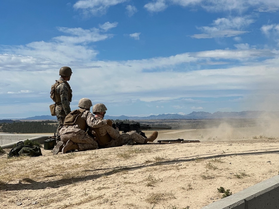 U.S. Marines with Combat Logistics Regiment 4, 4th Marine Logistics Group, Marine Forces Reserve conduct a familiarization fire of an M2 Browning .50 caliber machine gun  at Camp Guernsey, Wyoming, Aug. 23, 2024. (United States Marine Corps Photo by Lt. Col. Jordan Bathen)