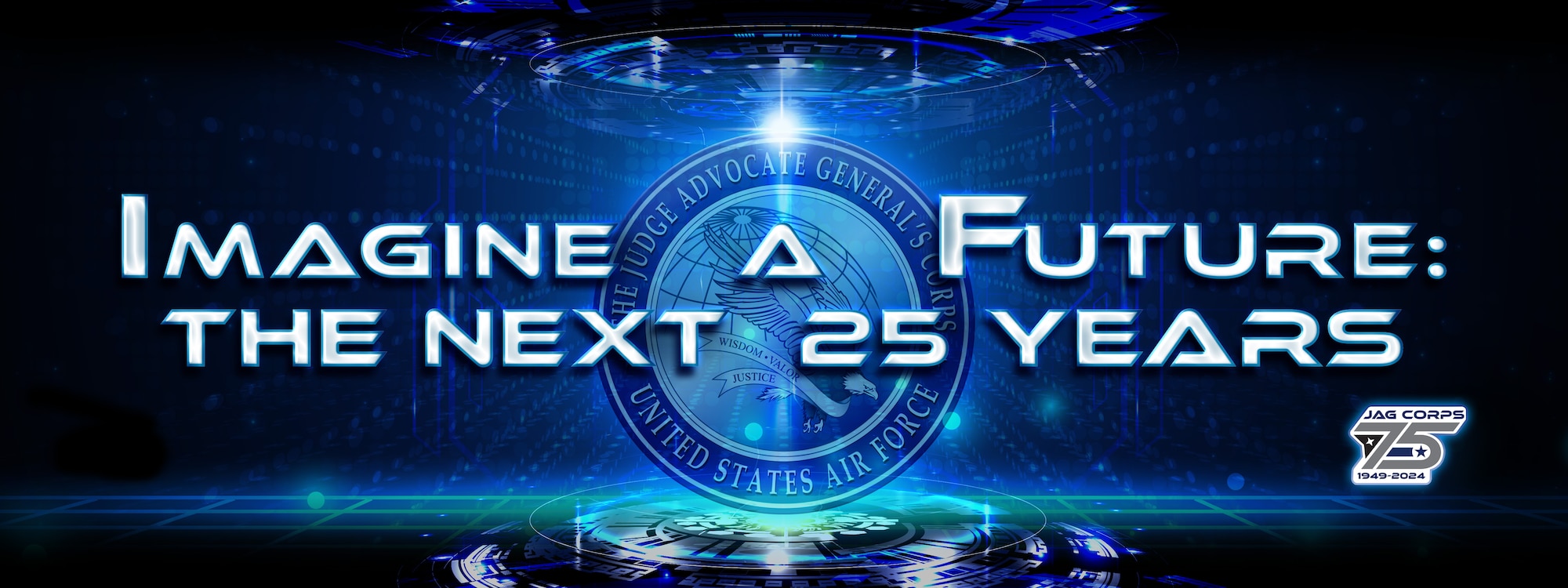 The next 25 years. Futuristic theme of JAG Corps seal on sci-fi platform. [image is not public domain].