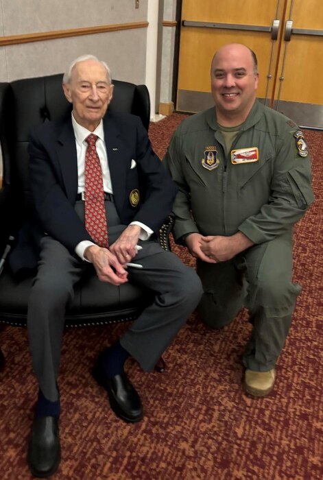 (Left to right) Retired Maj. "Lucky" Luckadoo poses with Lt. Col. James Magill, 931st Air Refueling Wing Chief of Safety.
