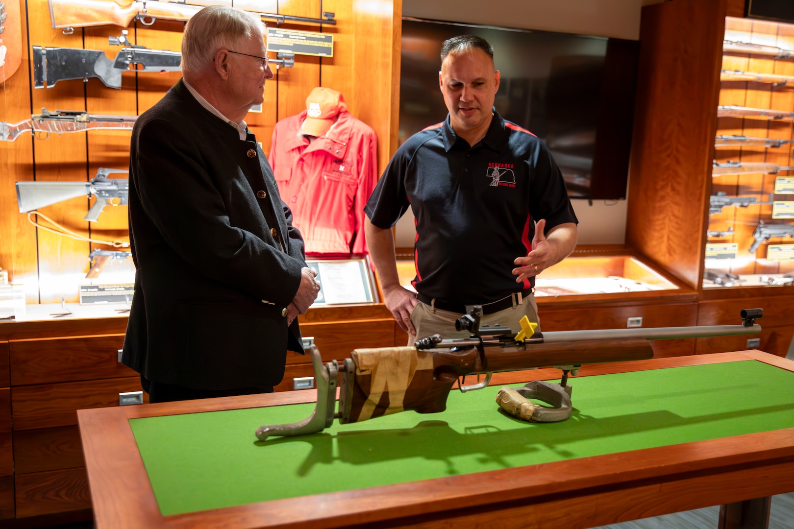 Gary Anderson, former Nebraska Guardsman, donates his 1964 Olympic gold medal winning rifle to the Nebraska National Guard Museum in Seward, Nebraska, Dec. 27, 2024. Anderson used the rifle to lead the U.S.A. marksmanship team to two 300-meter World Championship Gold Medals. He also used it to win a gold medal in the 1963 Pan American Games in the 300-Meter (3x40) free rifle event with a score of 1,146, just one point shy of the world record at the time.

It was the same rifle that Anderson used to win a Gold Medal at the 1964 Olympics in Tokyo on Oct. 15, 1964., the first of two consecutive Olympic Golds the Axtell, Nebraska, native earned in the 1960s while also serving as a Nebraska Army Guard engineering officer In Hastings and Grand Island.

(U.S. Army photo by Staff Sgt. Gauret Stearns)