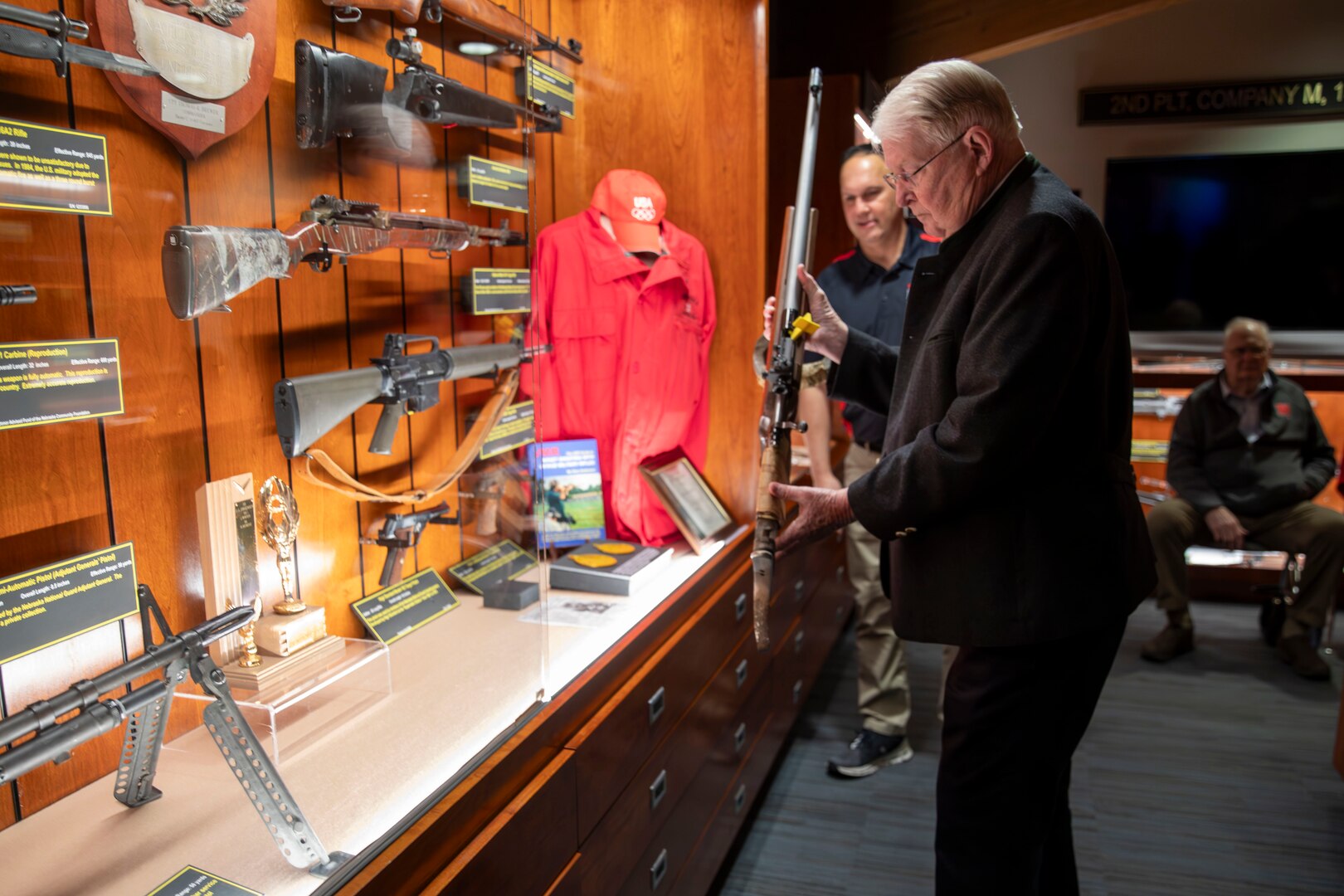 Gary Anderson, former Nebraska Guardsman, donates his 1964 Olympic gold medal winning rifle to the Nebraska National Guard Museum in Seward, Nebraska, Dec. 27, 2024. Anderson used the rifle to lead the U.S.A. marksmanship team to two 300-meter World Championship Gold Medals. He also used it to win a gold medal in the 1963 Pan American Games in the 300-Meter (3x40) free rifle event with a score of 1,146, just one point shy of the world record at the time.

It was the same rifle that Anderson used to win a Gold Medal at the 1964 Olympics in Tokyo on Oct. 15, 1964., the first of two consecutive Olympic Golds the Axtell, Nebraska, native earned in the 1960s while also serving as a Nebraska Army Guard engineering officer In Hastings and Grand Island.

(U.S. Army photo by Staff Sgt. Gauret Stearns)