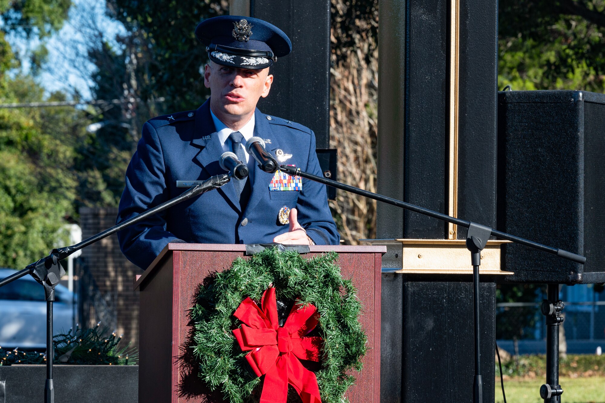 U.S. Air Force Brig. Gen. Mark Massaro, 96th Test Wing commander, delivers a speech during the Wreaths Across America Placement Ceremony at Beal Memorial Cemetery, Florida, Dec. 14, 2024.