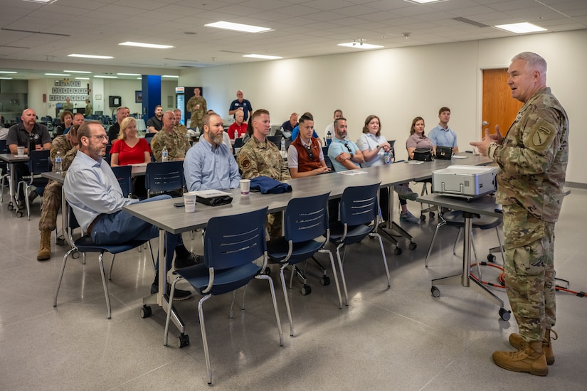 U.S. Army Maj. Gen. Haldane Lamberton, adjutant general of the Kentucky National Guard, speaks to a group of civilian employers at the Kentucky Air National Guard Base in Louisville, Ky., Sept. 19, 2024, as part of an Employer Support of the Guard and Reserve Bosslift.