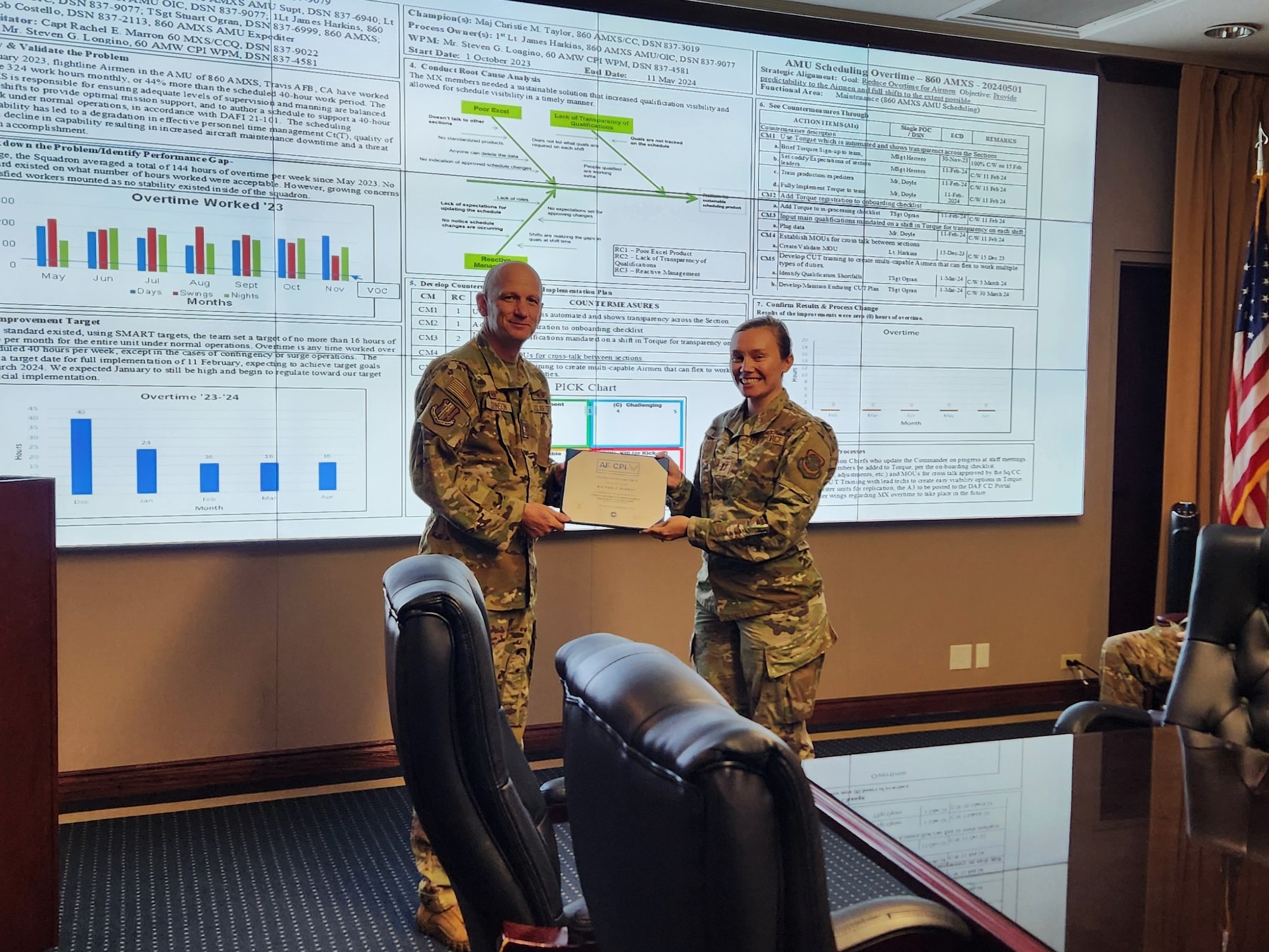 Commander stands with Airman holding certificate