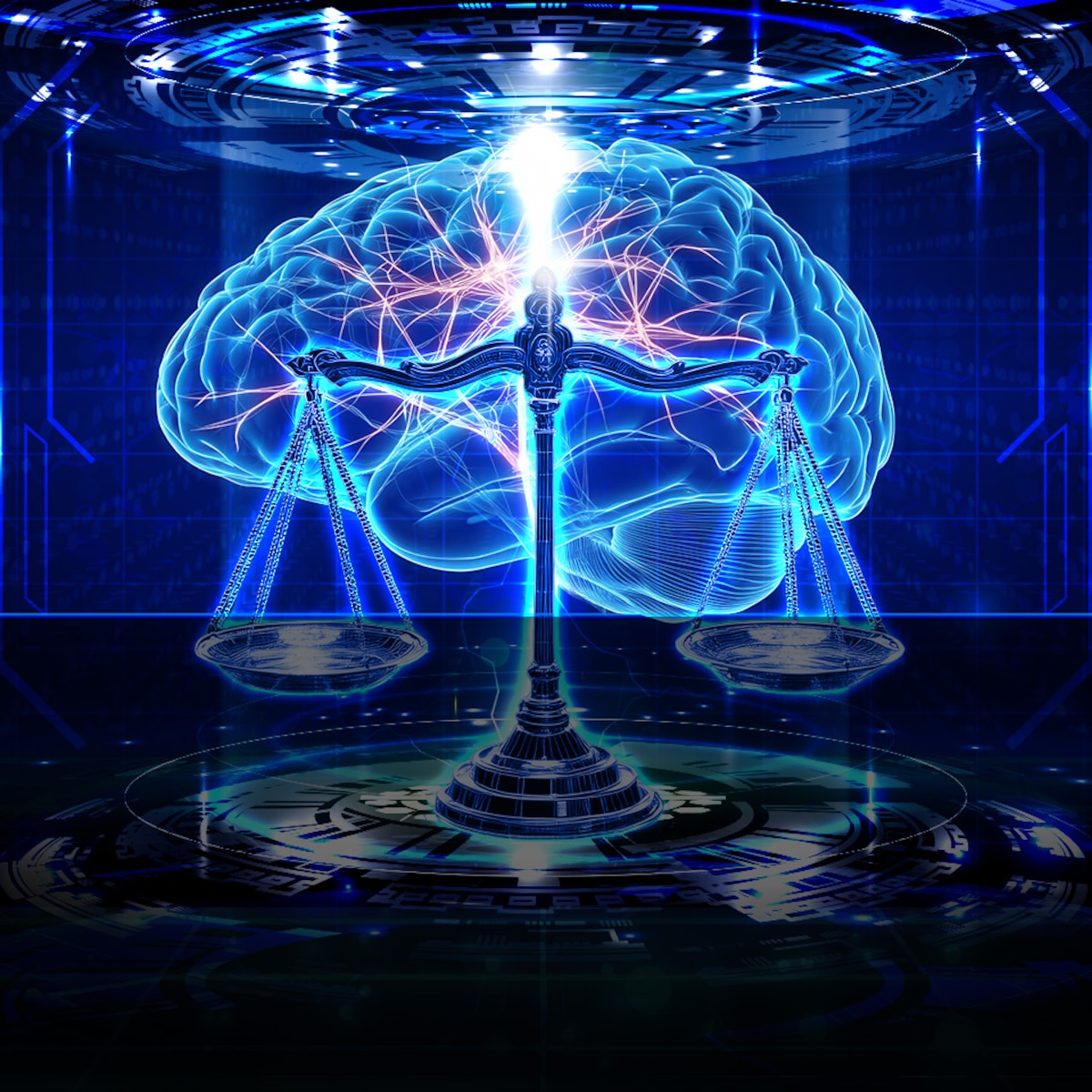 Futuristic artificial intelligence theme of digital brain and justice scales on sci-fi platform  [image is not public domain].