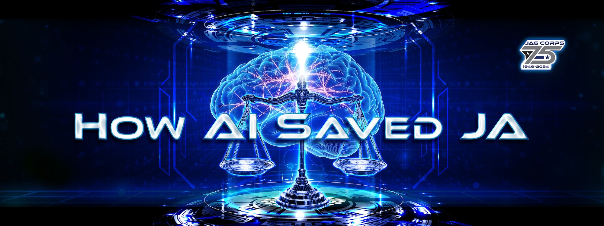 Futuristic artificial intelligence theme of digital brain and justice scales on sci-fi platform  [image is not public domain].