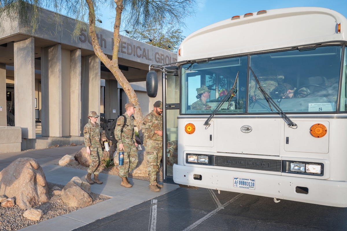 For an emergency medical support request in response to the New Year’s Eve fireworks explosion in Hawaii, Reserve Citizen Airmen from the 944th Fighter Wing’s 944th Aeromedical Staging Squadron (ASTS) board a bus at Luke Air Force Base, Ariz., on their way to support a 6-patient transport at the Phoenix Sky Harbor Airport, Jan. 4, 2025. “This is what we train for, and when the call comes, we’re ready,” said Capt. Paris Mandy, 944th ASTS. “It’s both humbling and exhilarating to put our skills to work in such a meaningful way.” (U.S. Air Force photo by Staff Sgt. Alexis Orozco)
