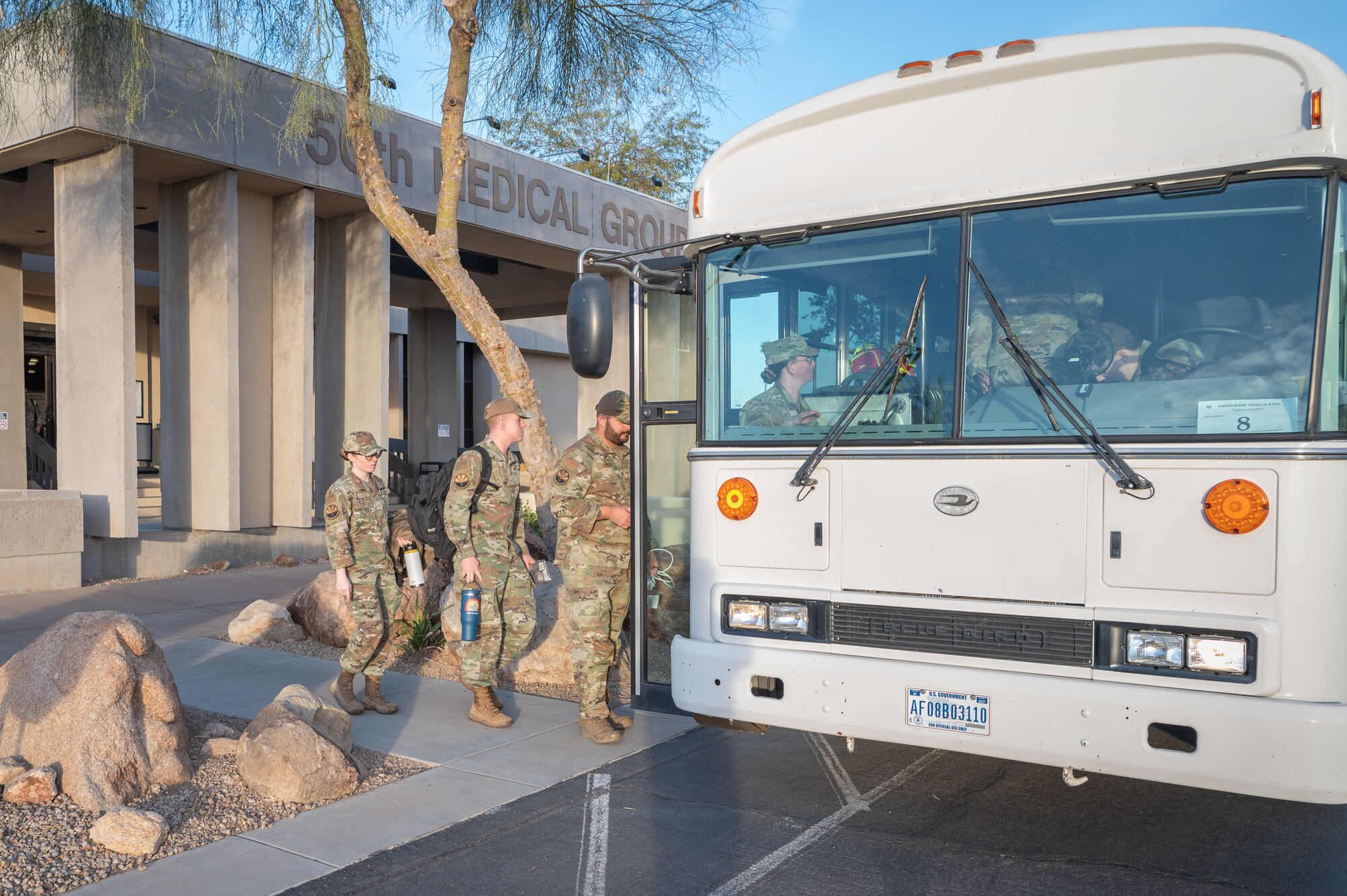 For an emergency medical support request in response to the New Year’s Eve fireworks explosion in Hawaii, Reserve Citizen Airmen from the 944th Fighter Wing’s 944th Aeromedical Staging Squadron (ASTS) board a bus at Luke Air Force Base, Ariz., on their way to support a 6-patient transport at the Phoenix Sky Harbor Airport, Jan. 4, 2025. “This is what we train for, and when the call comes, we’re ready,” said Capt. Paris Mandy, 944th ASTS. “It’s both humbling and exhilarating to put our skills to work in such a meaningful way.” (U.S. Air Force photo by Staff Sgt. Alexis Orozco)