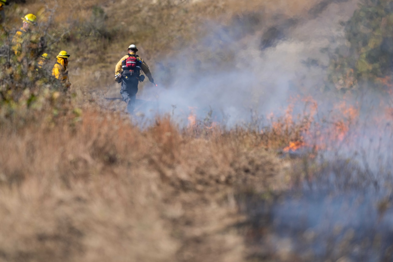 Service members wearing wildland fire gear manage a fire.